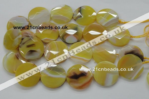 CAA328 15.5 inches 35mm faceted coin yellow line agate beads