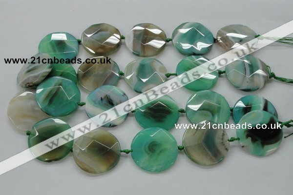 CAA339 15.5 inches 35mm faceted coin green line agate beads