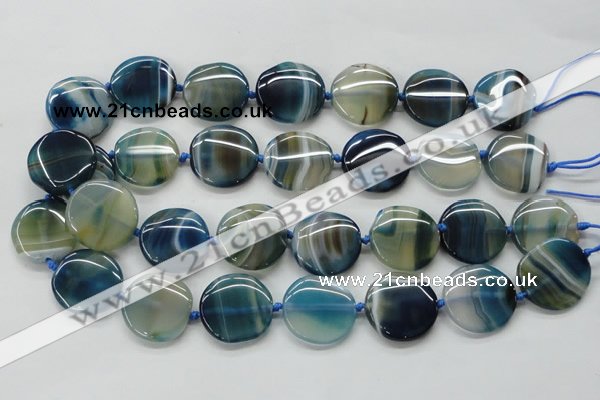 CAA340 15.5 inches 25mm flat round blue line agate beads