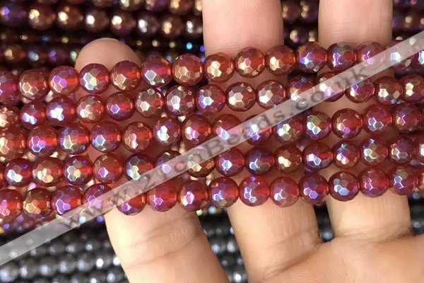 CAA3549 15.5 inches 6mm faceted round AB-color red agate beads