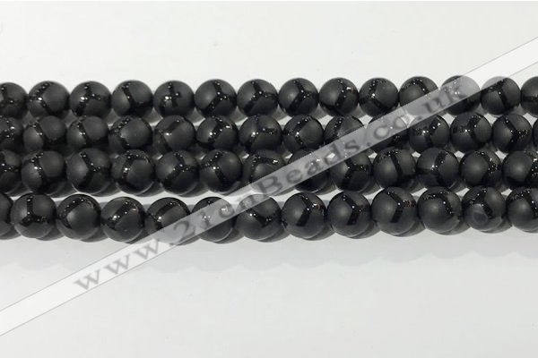 CAA3656 15.5 inches 8mm round matte & carved black agate beads
