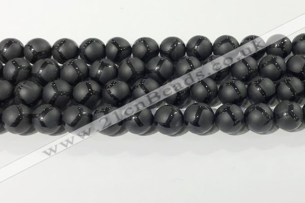 CAA3657 15.5 inches 10mm round matte & carved black agate beads