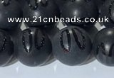 CAA3662 15.5 inches 10mm round matte & carved black agate beads