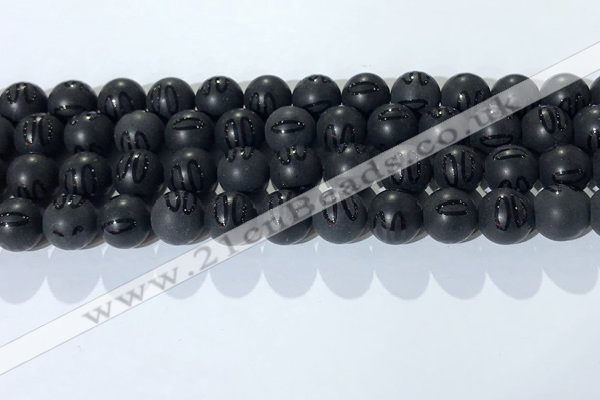 CAA3662 15.5 inches 10mm round matte & carved black agate beads