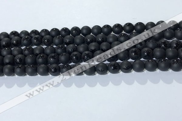 CAA3665 15.5 inches 6mm round matte & carved black agate beads