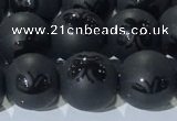 CAA3666 15.5 inches 8mm round matte & carved black agate beads