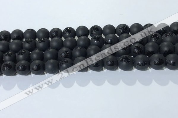 CAA3666 15.5 inches 8mm round matte & carved black agate beads