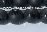 CAA3671 15.5 inches 8mm round matte & carved black agate beads