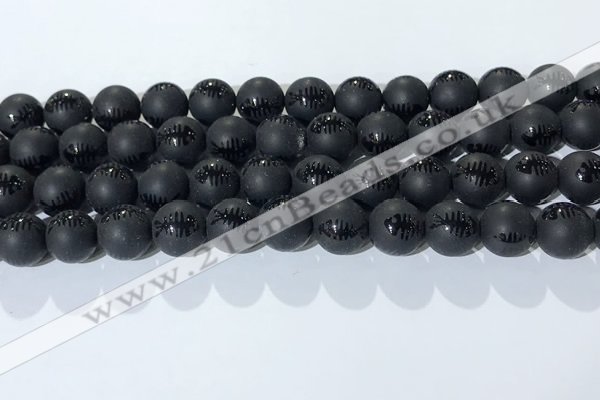 CAA3672 15.5 inches 10mm round matte & carved black agate beads