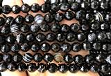 CAA6351 15 inches 8mm faceted round black banded agate beads