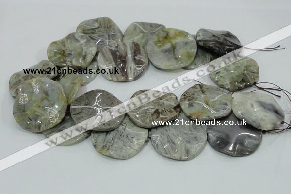 CAB572 15.5 inches 40mm wavy coin silver needle agate gemstone beads