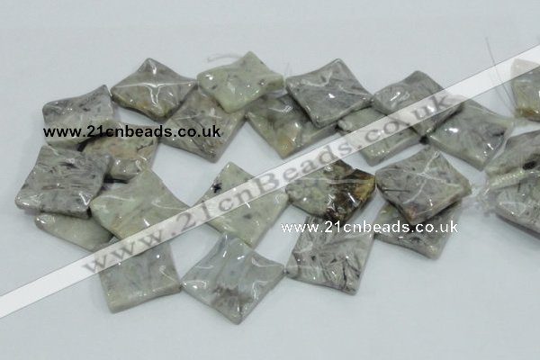 CAB584 15.5 inches 30*30mm wavy diamond silver needle agate beads