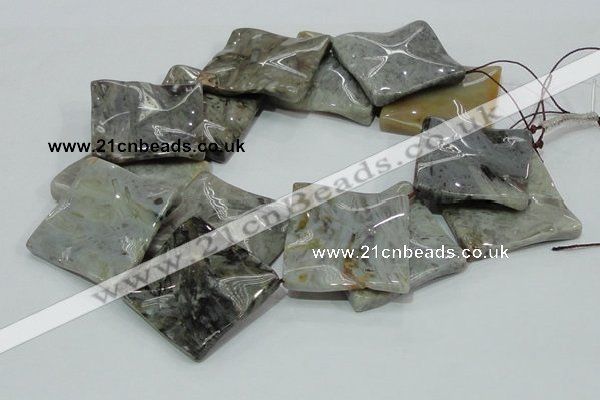 CAB585 15.5 inches 40*40mm wavy diamond silver needle agate beads