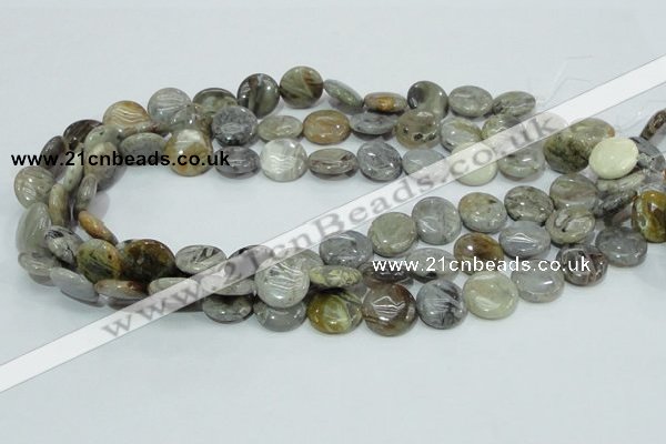 CAB75 15.5 inches 15mm flat round silver needle agate gemstone beads