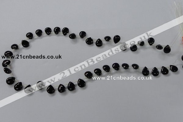 CAB753 15.5 inches 8*10mm top-drilled flat teardrop black agate beads