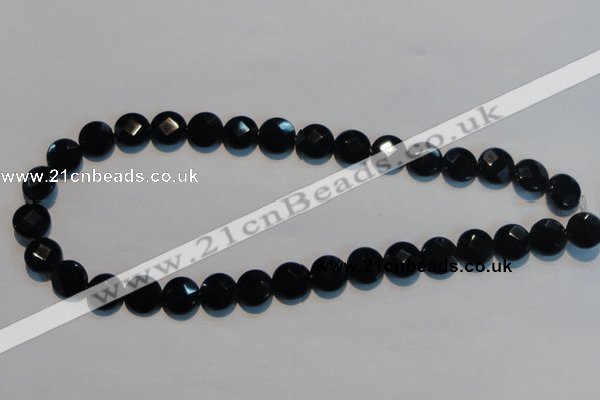 CAB809 15.5 inches 12mm faceted coin black gemstone agate beads