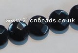 CAB810 15.5 inches 14mm faceted coin black gemstone agate beads