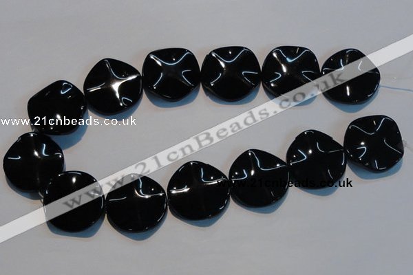 CAB827 15.5 inches 30mm wavy coin black agate gemstone beads wholesale