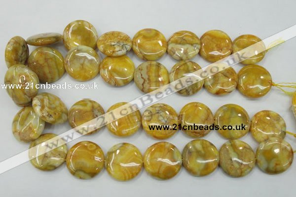 CAB945 15.5 inches 25mm flat round yellow crazy lace agate beads