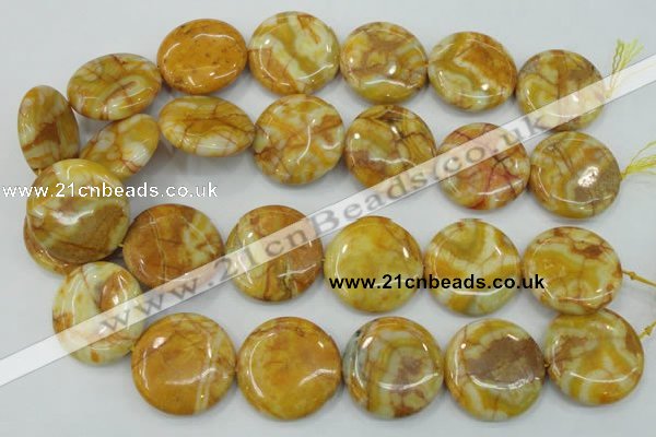 CAB946 15.5 inches 30mm flat round yellow crazy lace agate beads
