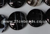 CAG2996 15.5 inches 20mm flat round black line agate beads