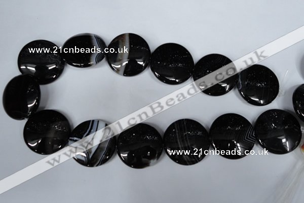 CAG2999 15.5 inches 30mm flat round black line agate beads