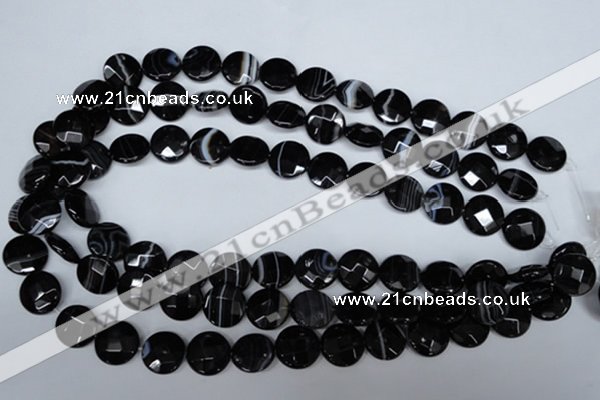 CAG3073 15.5 inches 14mm faceted coin black line agate beads