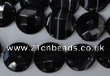 CAG3074 15.5 inches 16mm faceted coin black line agate beads