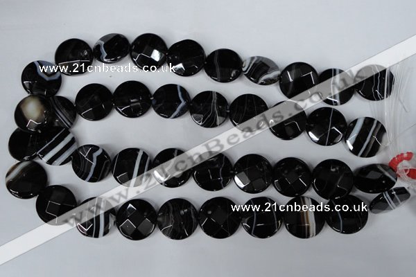 CAG3076 15.5 inches 20mm faceted coin black line agate beads