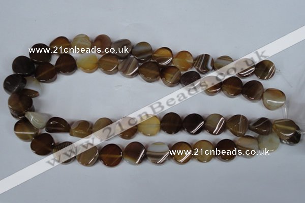 CAG3151 15.5 inches 14mm twisted coin brown line agate beads