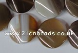 CAG3154 15.5 inches 20mm twisted coin brown line agate beads