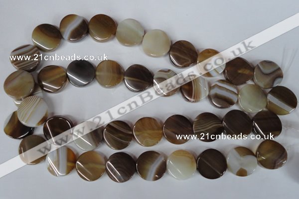 CAG3154 15.5 inches 20mm twisted coin brown line agate beads