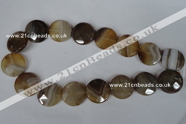 CAG3168 15.5 inches 25mm faceted coin brown line agate beads