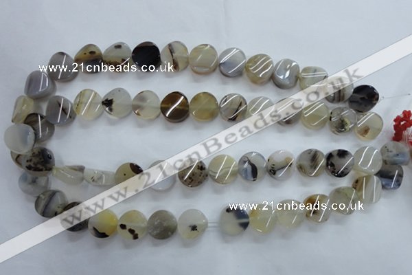 CAG3314 15.5 inches 14mm twisted coin natural grey agate beads