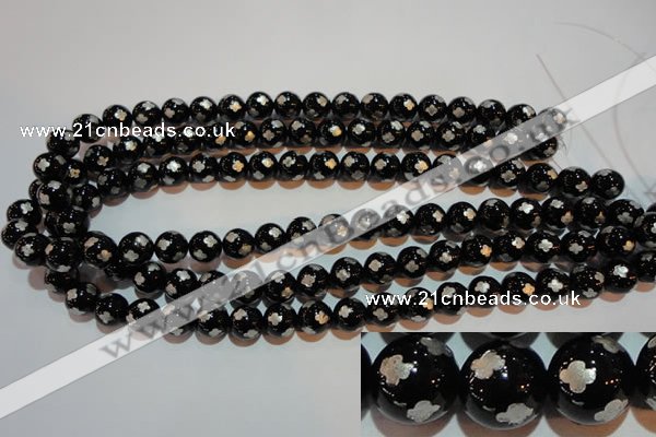 CAG3353 15.5 inches 10mm carved round black agate beads wholesale