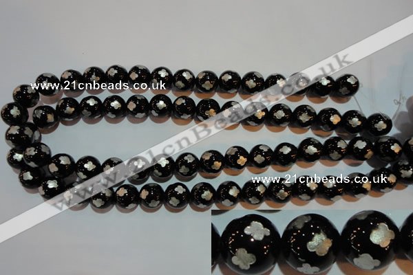 CAG3354 15.5 inches 12mm carved round black agate beads wholesale