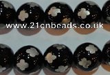 CAG3355 15.5 inches 14mm carved round black agate beads wholesale