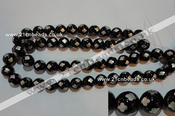 CAG3355 15.5 inches 14mm carved round black agate beads wholesale