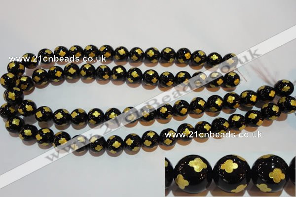 CAG3364 15.5 inches 12mm carved round black agate beads wholesale