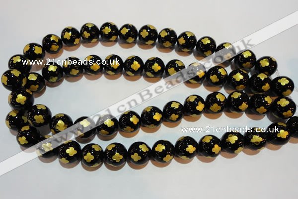 CAG3365 15.5 inches 14mm carved round black agate beads wholesale