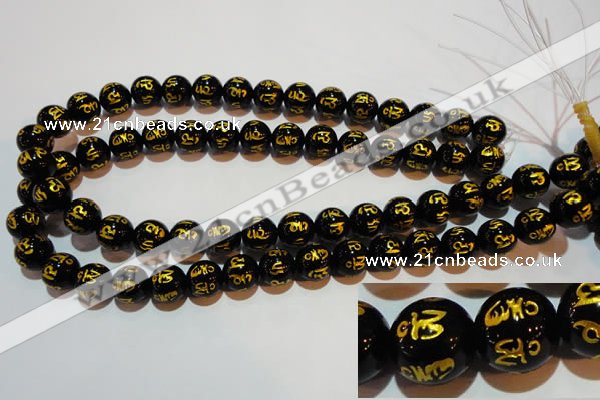 CAG3374 15.5 inches 12mm carved round black agate beads wholesale