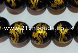 CAG3382 15.5 inches 14mm carved round black agate beads wholesale