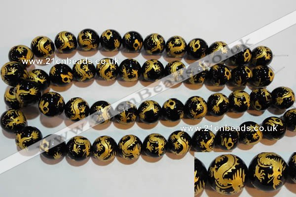 CAG3383 15.5 inches 16mm carved round black agate beads wholesale