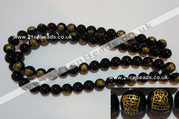 CAG3387 15.5 inches 14mm carved round black agate beads wholesale