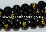 CAG3390 15.5 inches 10mm carved round black agate beads wholesale