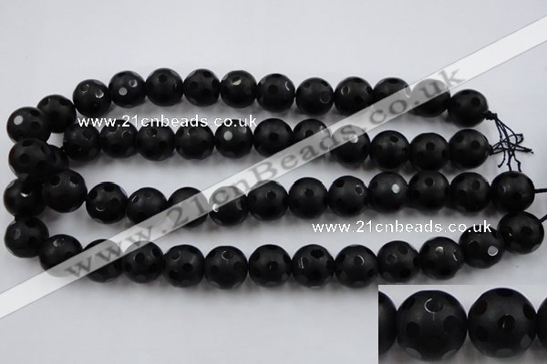 CAG3674 15.5 inches 14mm carved round matte black agate beads