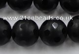 CAG3676 15.5 inches 18mm carved round matte black agate beads