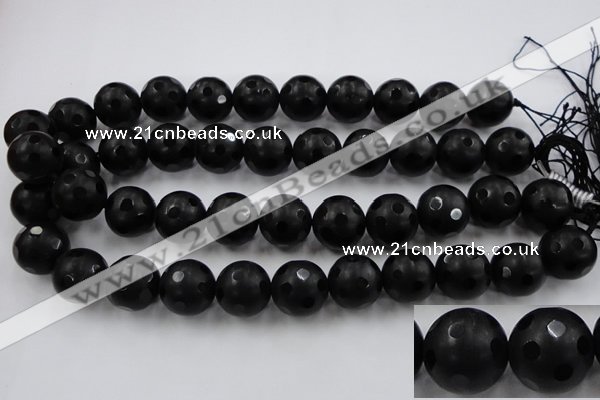 CAG3676 15.5 inches 18mm carved round matte black agate beads