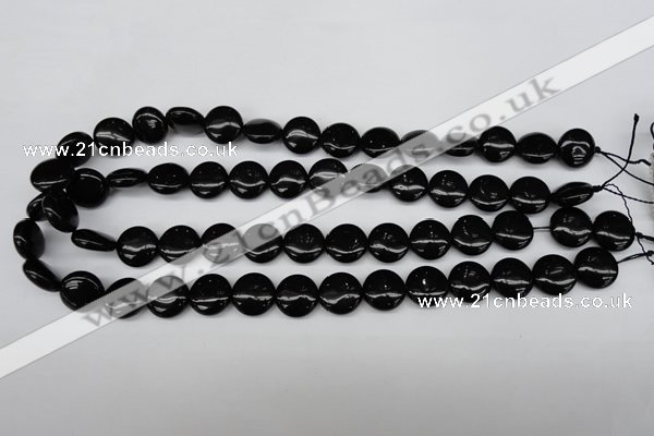 CAG4012 15.5 inches 14mm flat round black agate beads