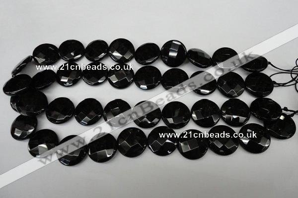 CAG4023 15.5 inches 20mm faceted coin black agate beads